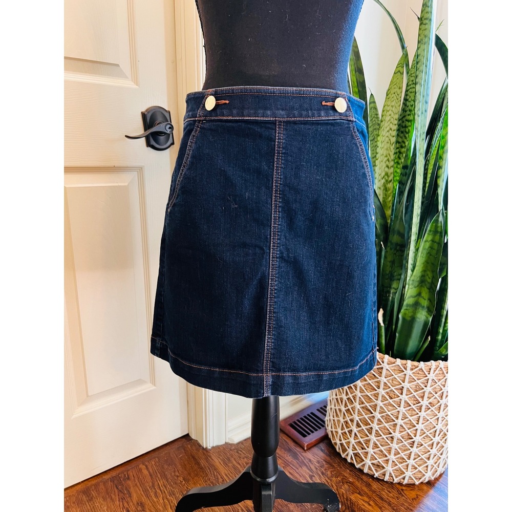 Ann Taylor LOFT Denim Skirt Size 4 Dark Wash A Line Button Front Jean Skirt